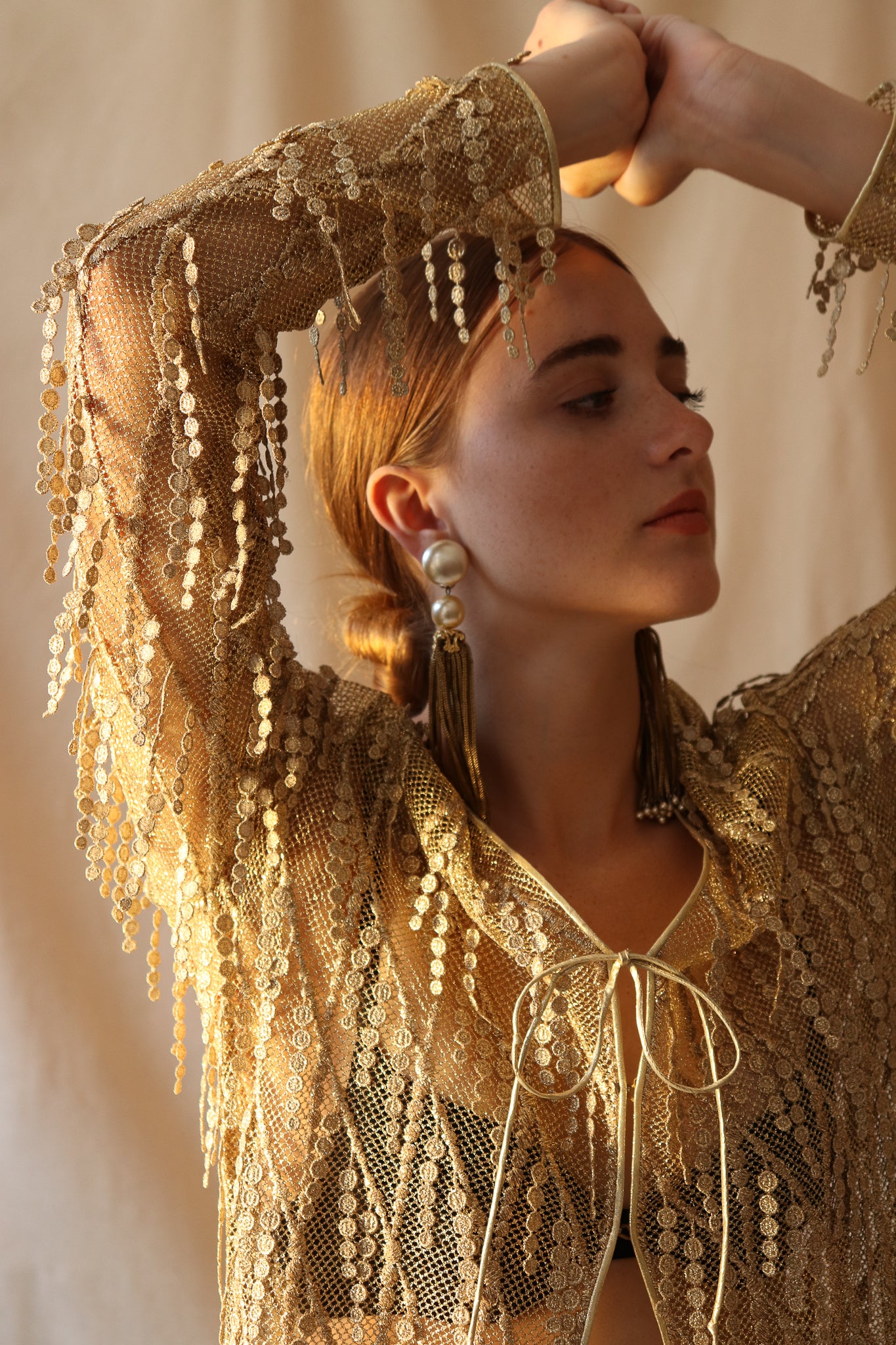Recess Vintage Consignment LA Girl in Badgley Mischka gold crochet top & sequin pant set