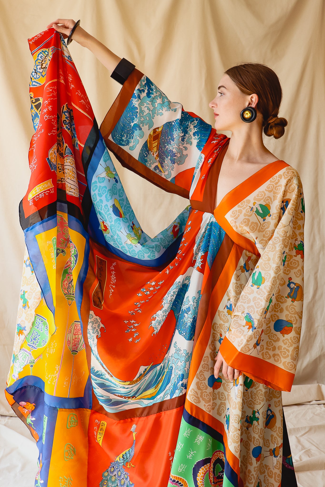 Recess Vintage Consignment LA Girl profile in colorful silk La Vetta Patchwork circle skirt dress 