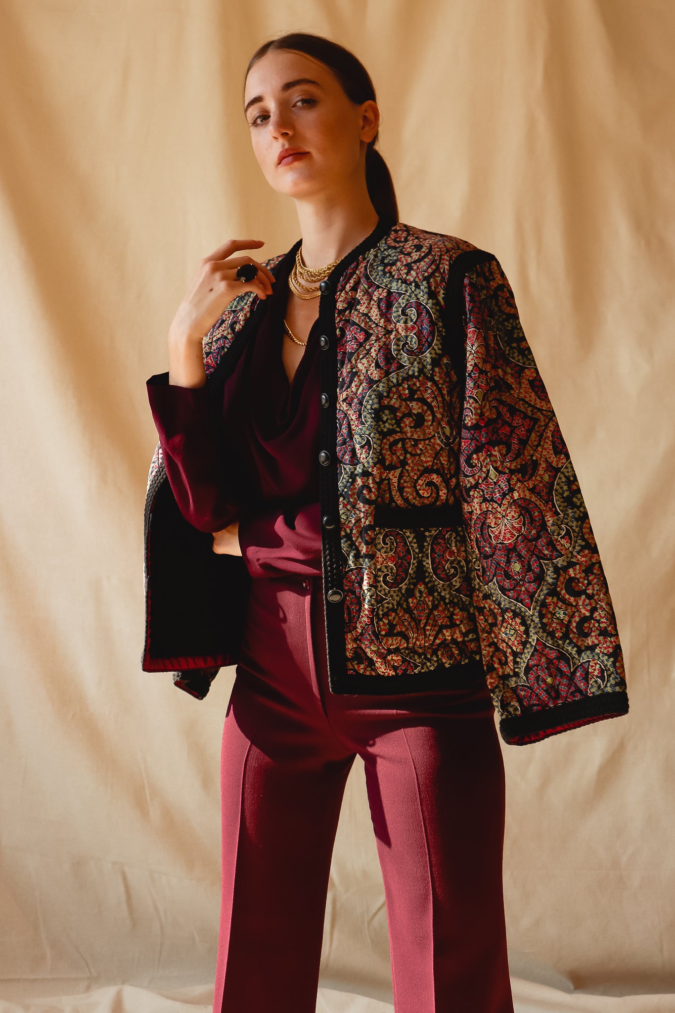 Recess Vintage Consignment LA Girl in plum Bodysuit & Pant & Saint Laurent YSL jacket