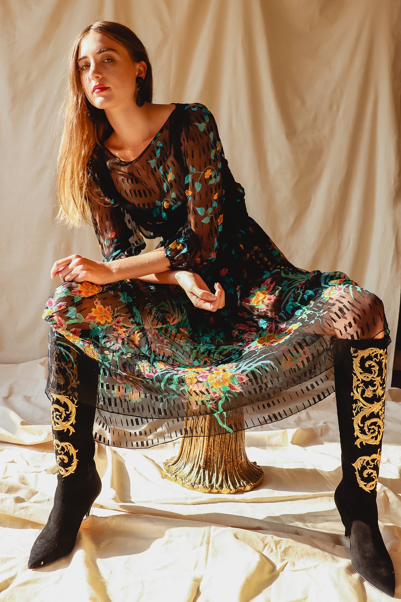 Recess Vintage Consignment LA Girl in Vintage Sheer Silk Floral Dress & Embroidered Boots on Stool