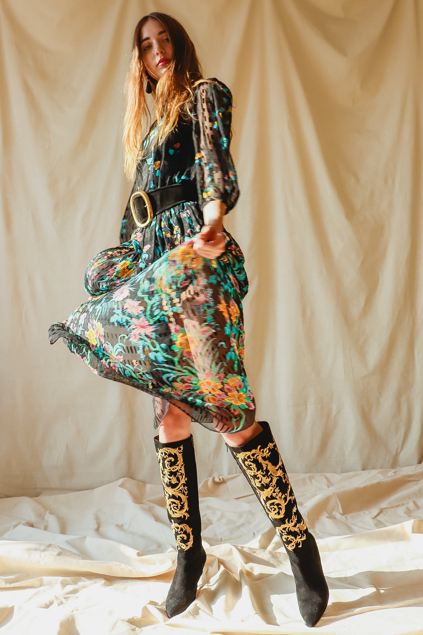 Recess Vintage Consignment LA Girl in Vintage Sheer Silk Floral Dress & Embroidered Boots