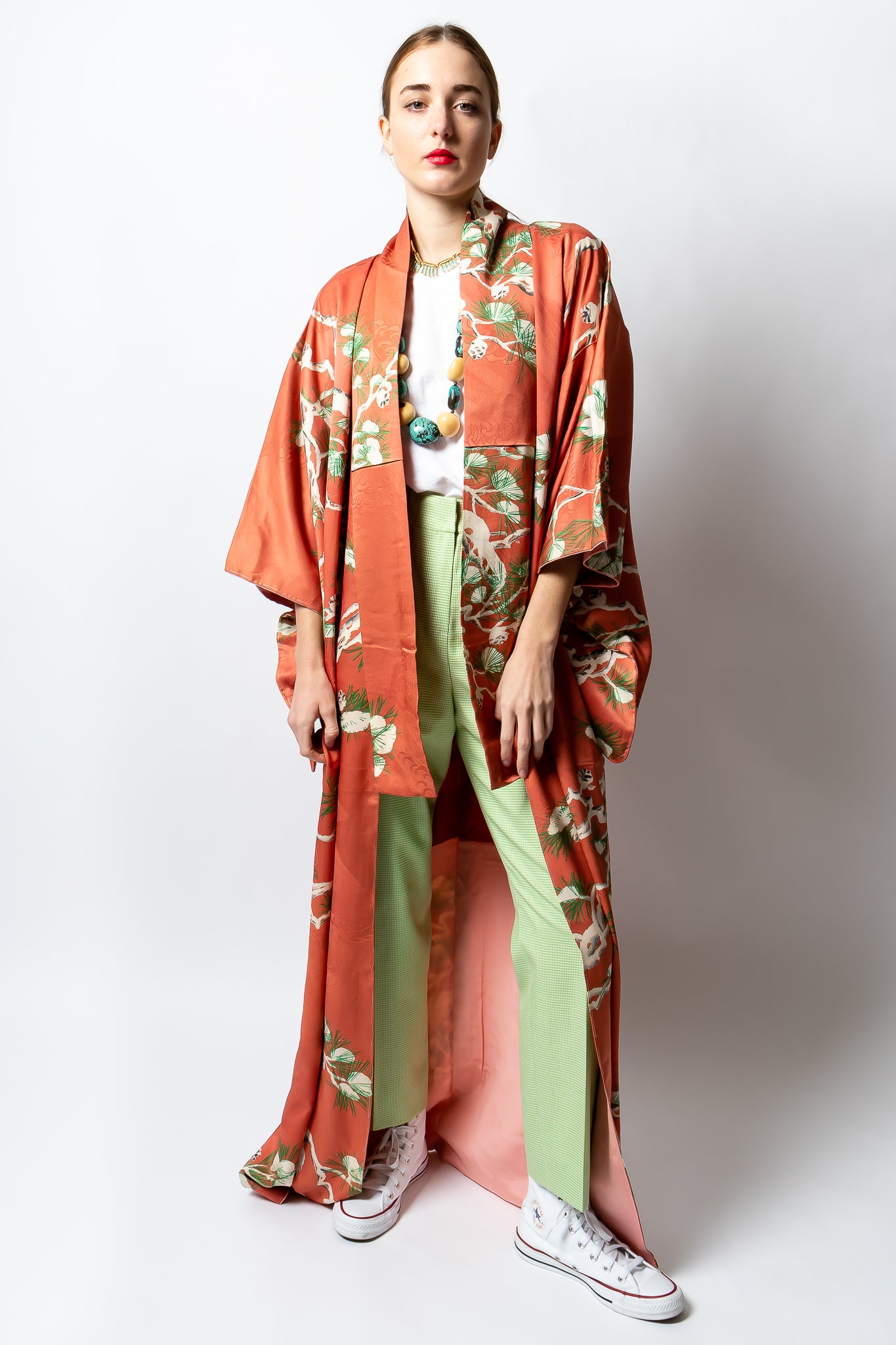 Girl wearing vintage Coral Pine Kimono with Oscar de la Renta lime pant at Recess LA
