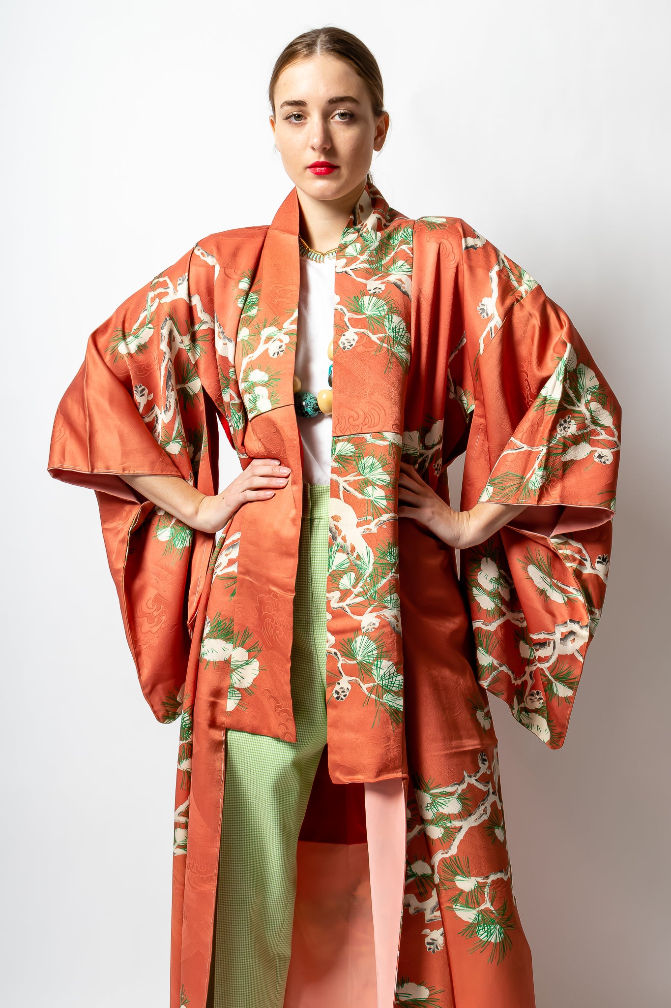 Girl wearing vintage Coral Pine Kimono with Oscar de la Renta lime pant at Recess LA