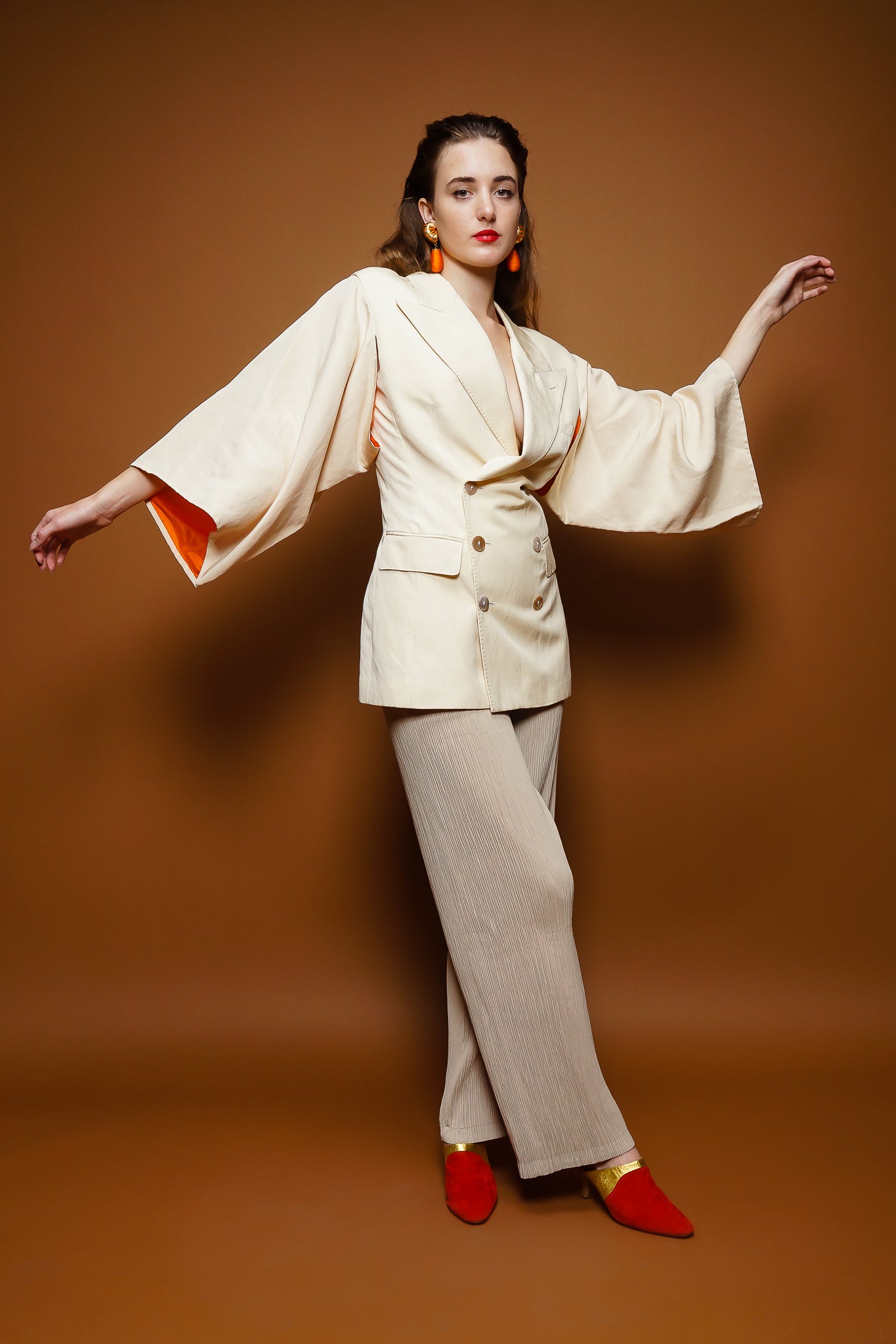 girl in Jean Paul Gaultier linen kimono jacket & Issey Miyake pant on brown @ Recess Los Angeles