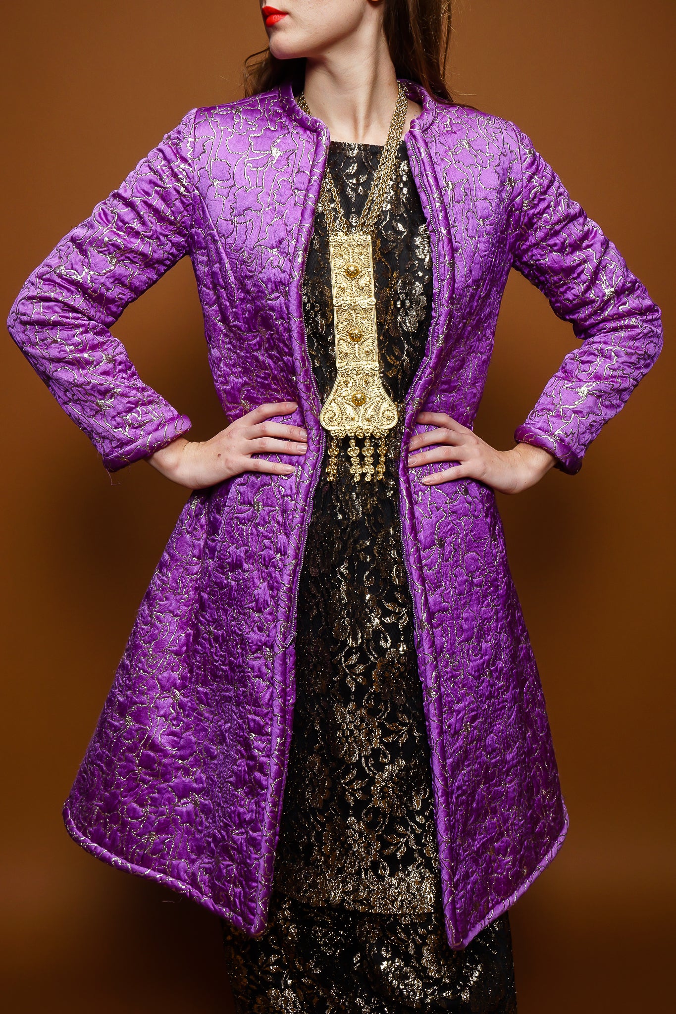 girl in Oscar de la Renta brocade coat & moroccan lace tunic & harem pant on brown @ Recess LA