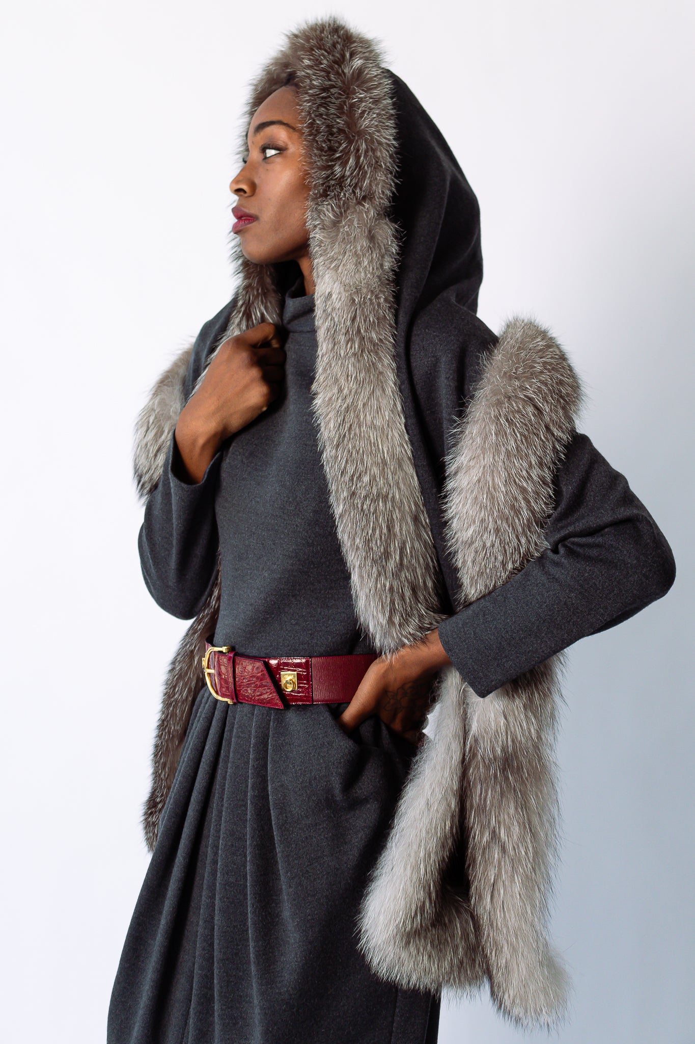 Girl in grey Victor Costa dress and fur shawl set with Cartier belt at Recess Los Angeles