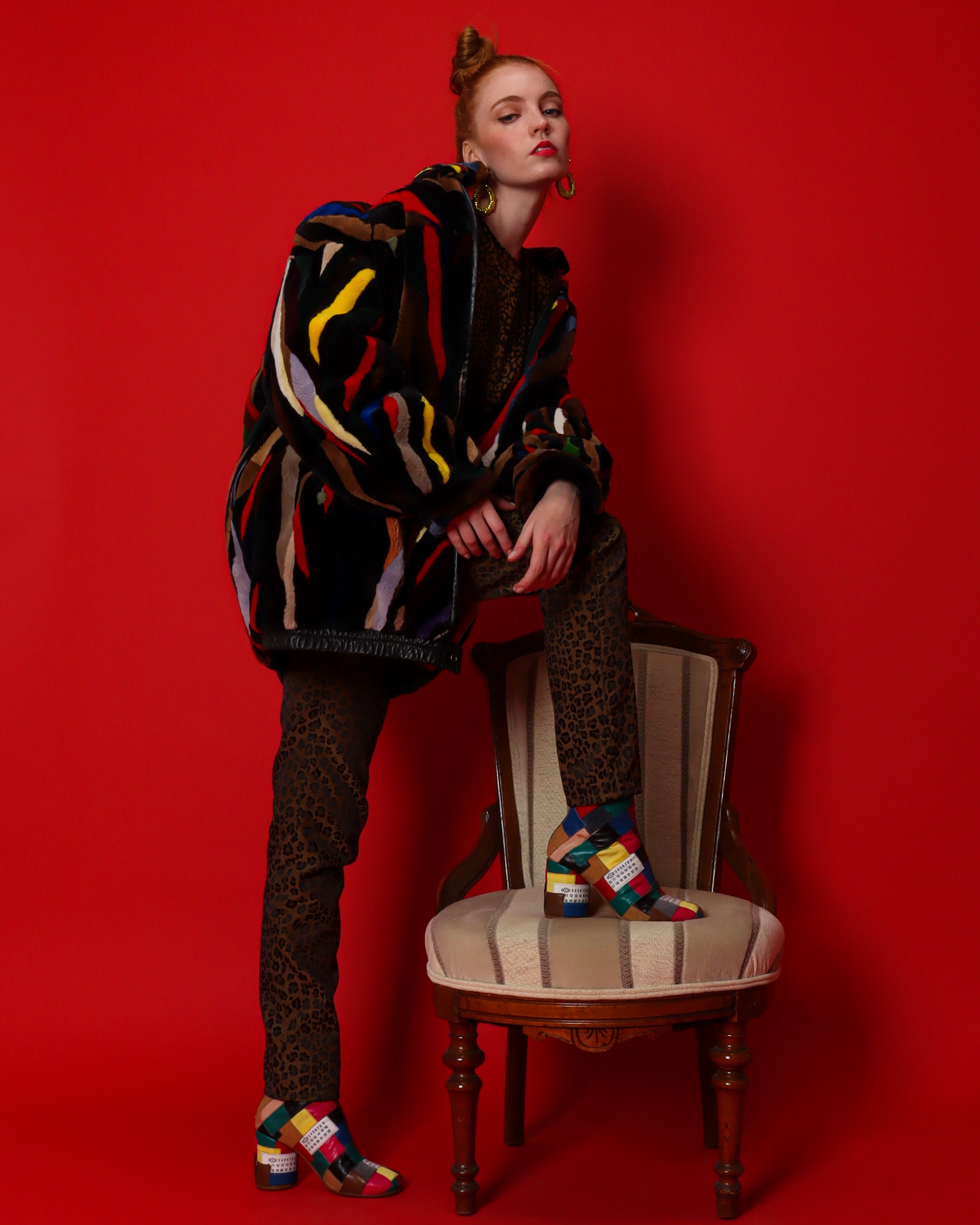 Emily O'Dette in Rainbow Fur Jacket, Valentino Leopard Top, & Fendi Cheetah Pant @ Recess LA