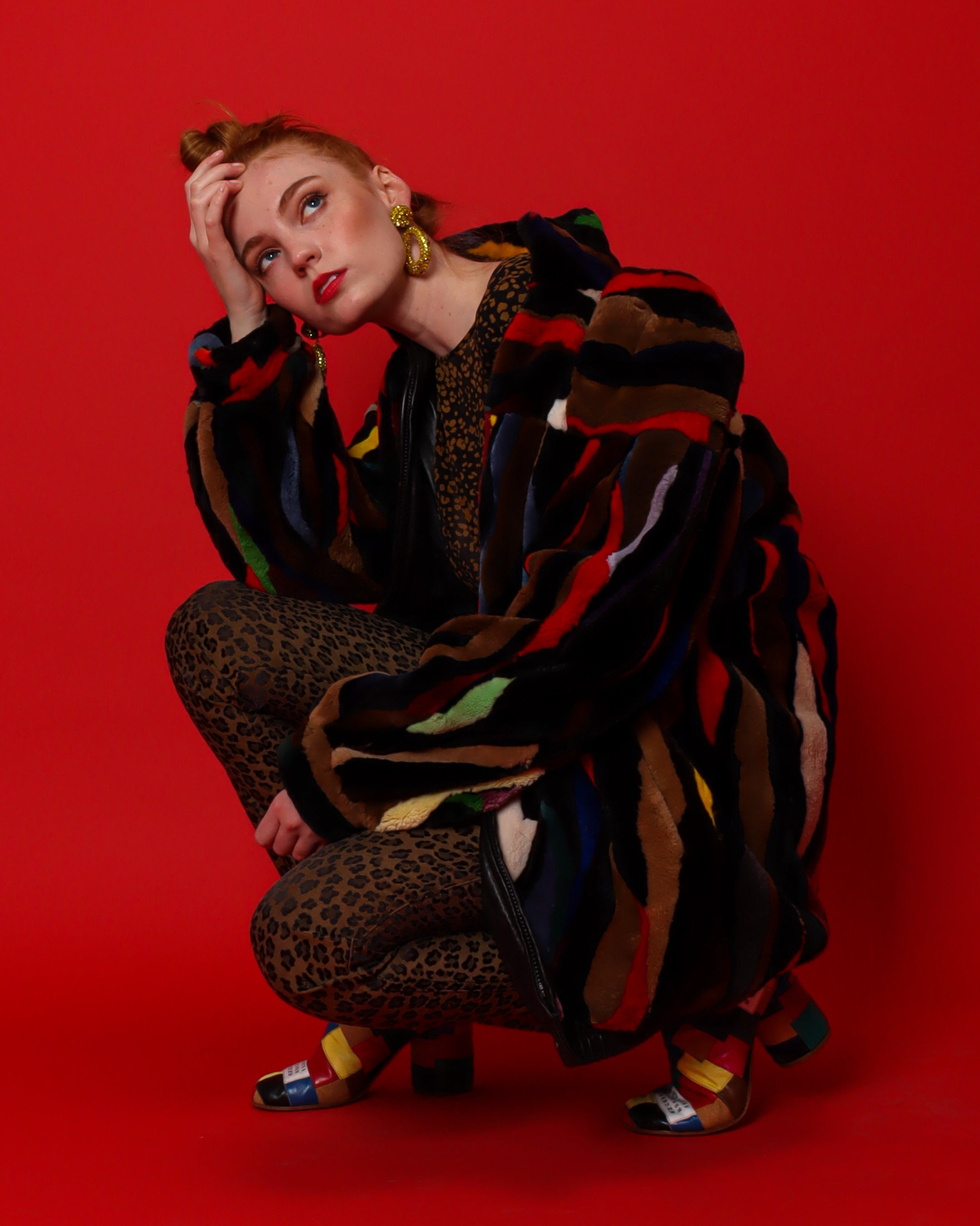 Emily O'Dette in Rainbow Fur Jacket, Valentino Leopard Top, & Fendi Cheetah Pant @ Recess LA