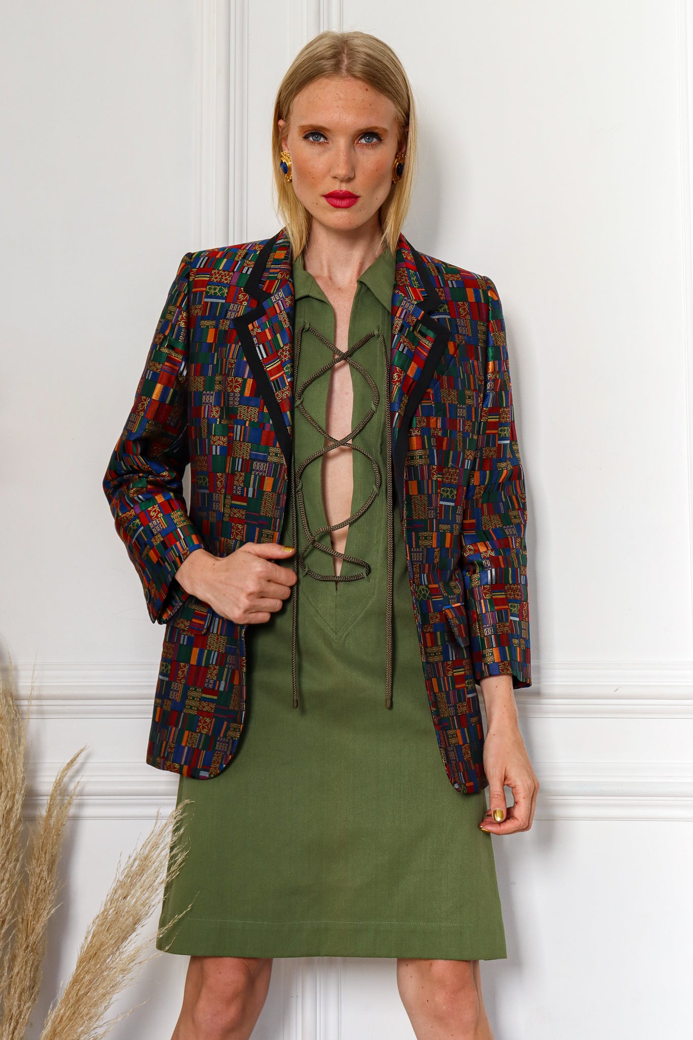 Miranda in YSL 1990 Safari Lace-Up Dress & Hermes Mosaic Patchwork Silk Blazer @ Recess Los Angeles