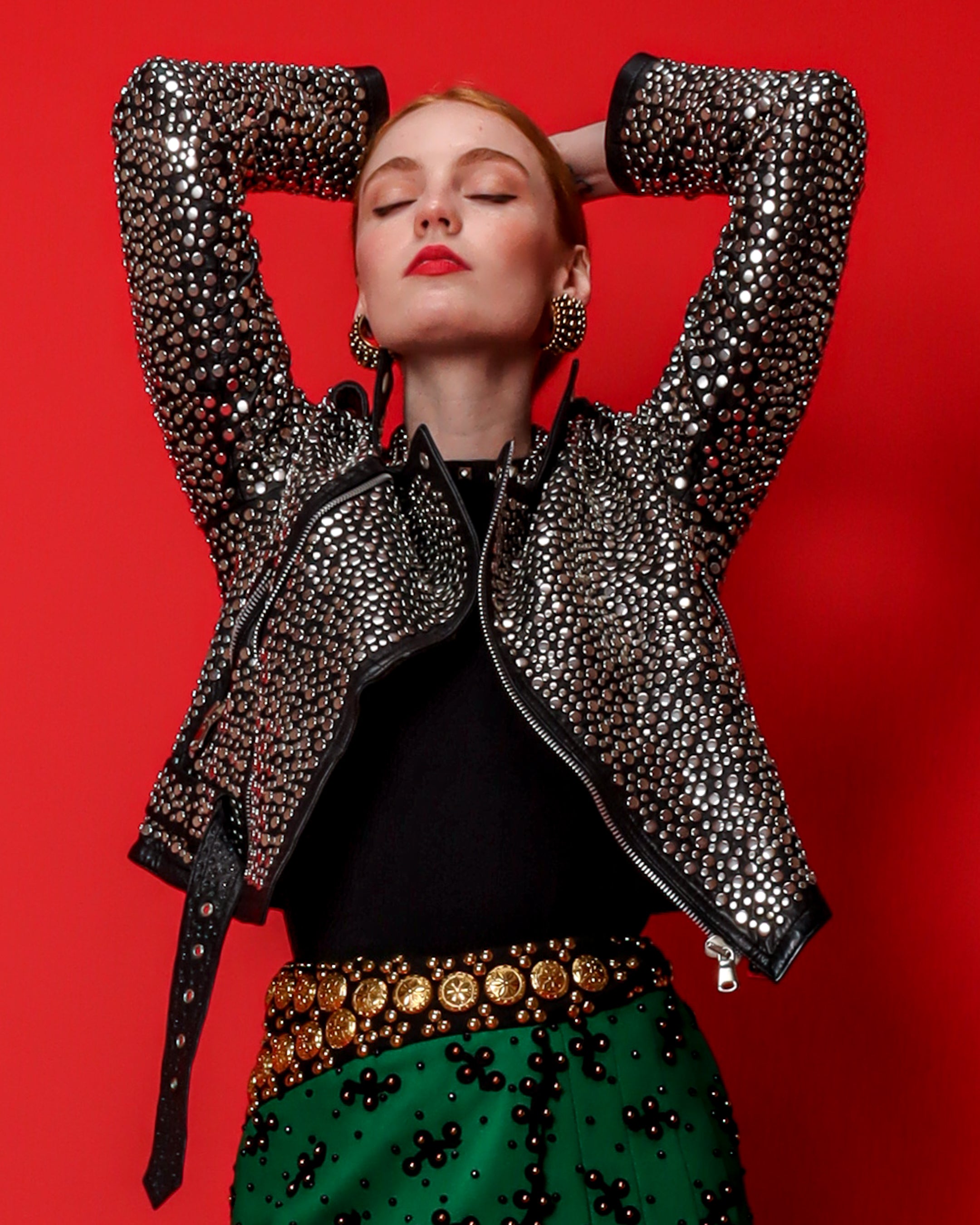 Emily O'Dette in Eureka Studded leather Jacket & Adolfo Studded Skirt @ Recess LA