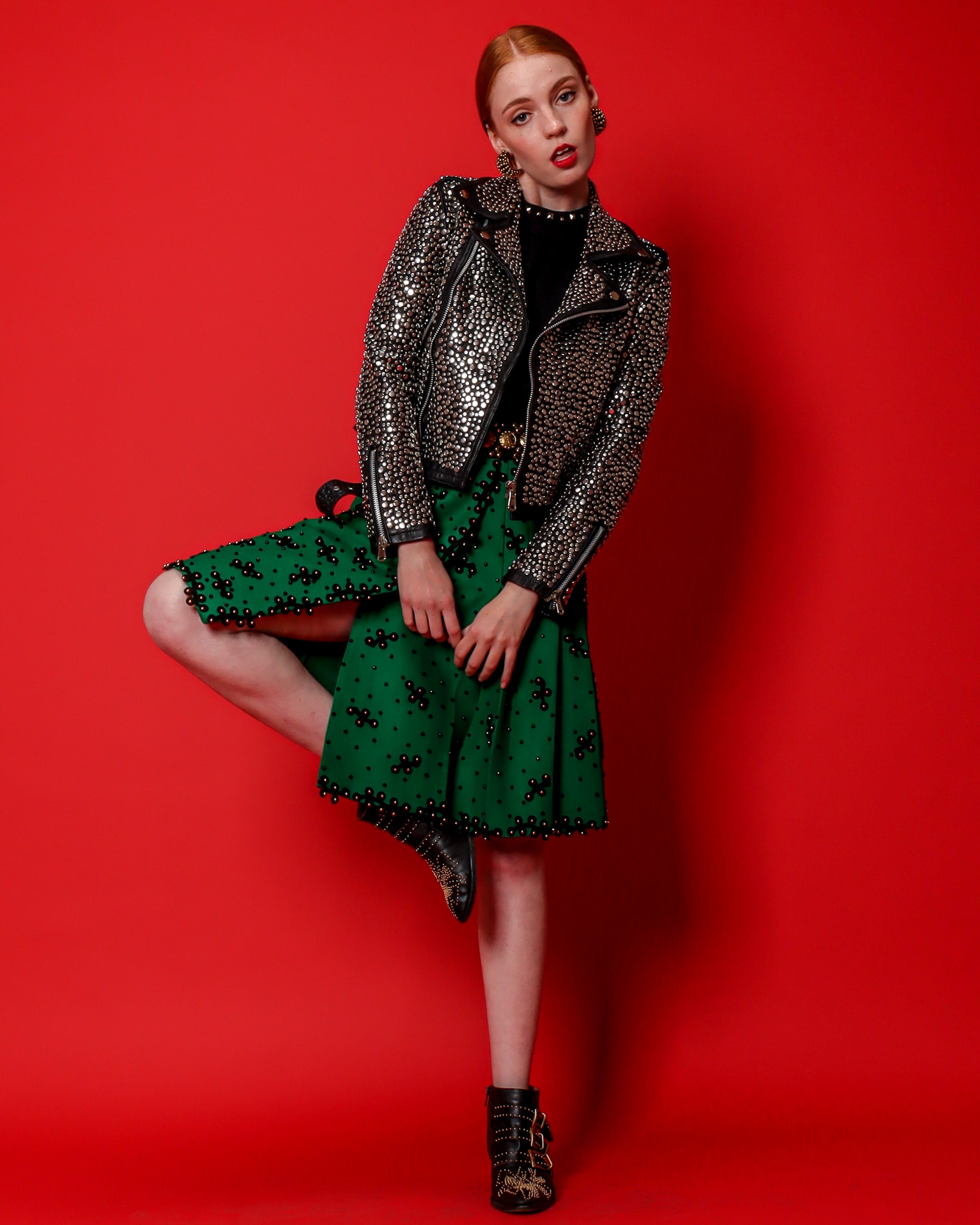 Emily O'Dette in Eureka Studded leather Jacket & Adolfo Studded Skirt @ Recess LA