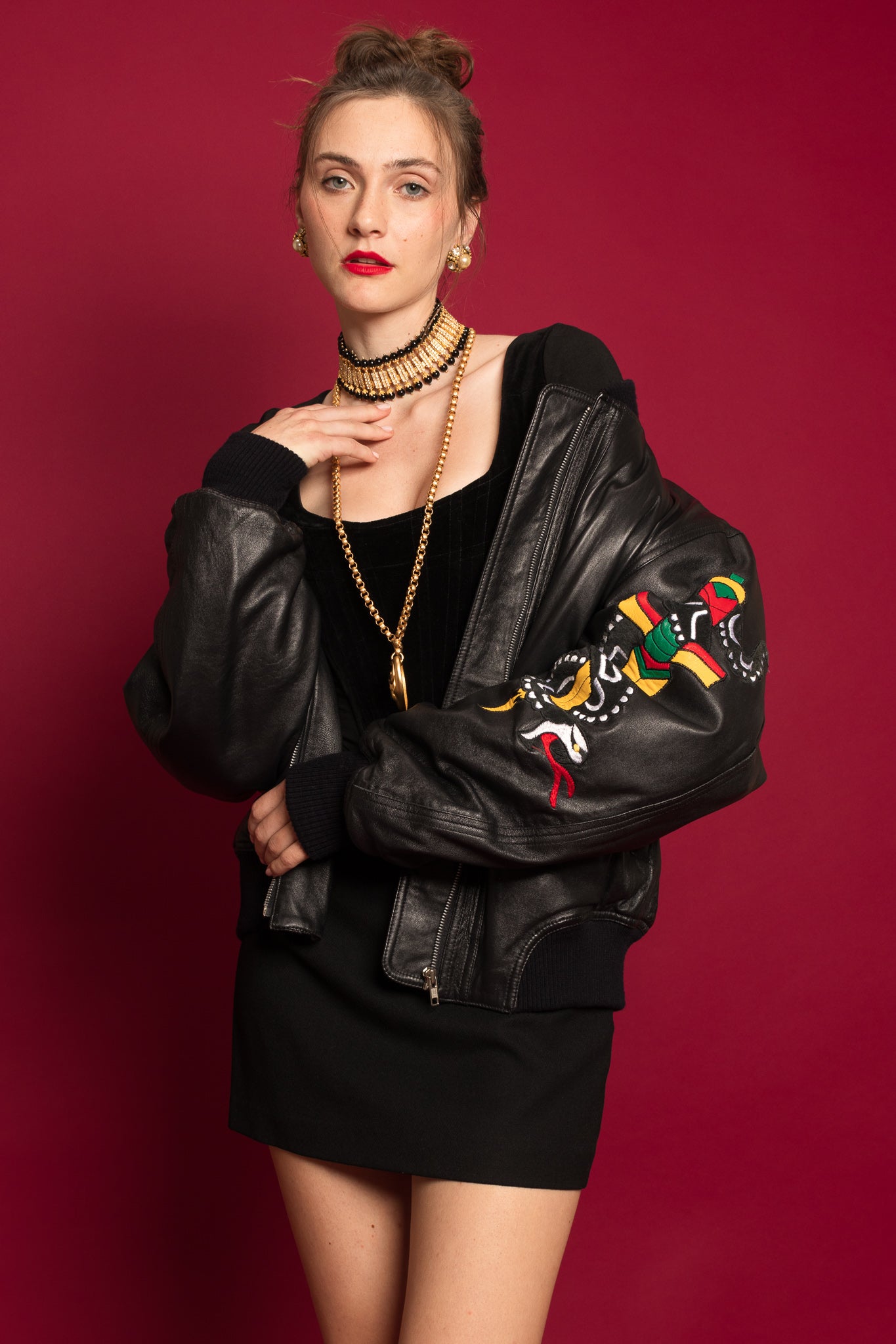 Model Emily in Vivienne Westwood Set & North Beach Leather Jacket @ Recess LA
