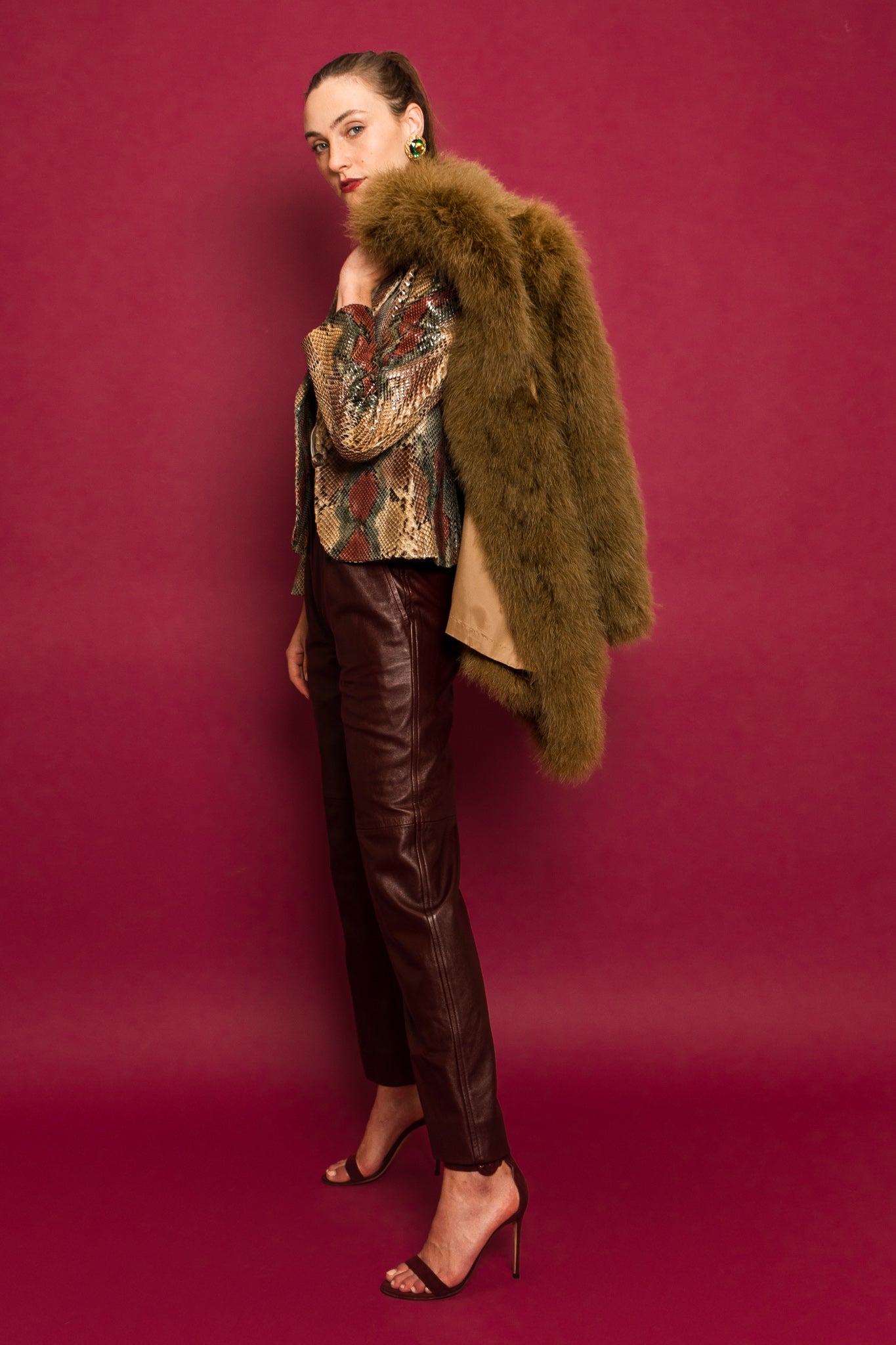 Model Emily in Bill Blass Jacket, YSL Pant, & Marabou Fur Coat @ Recess LA