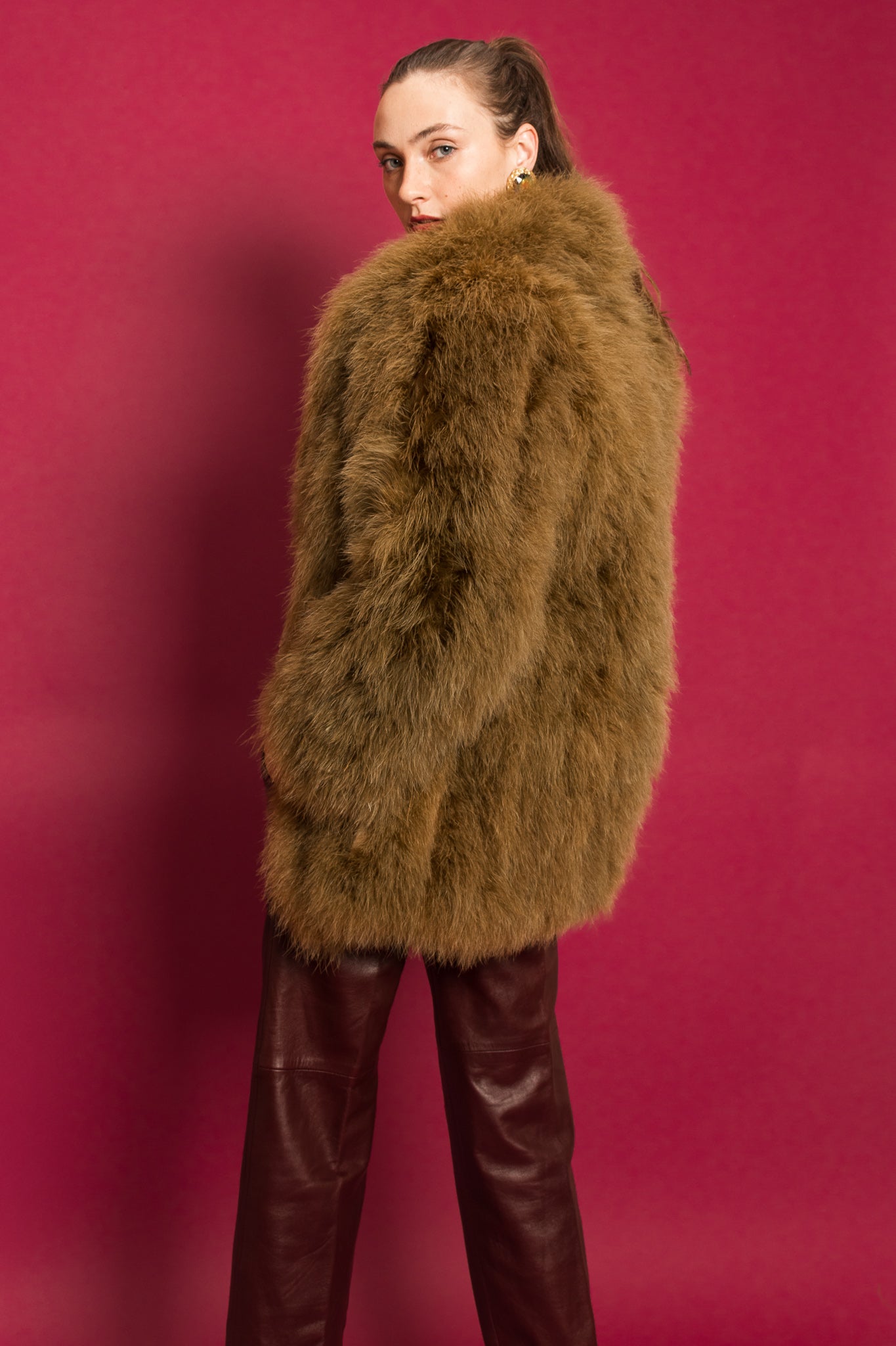 Model Emily in Bill Blass Jacket, YSL Pant, & Marabou Fur Coat @ Recess LA