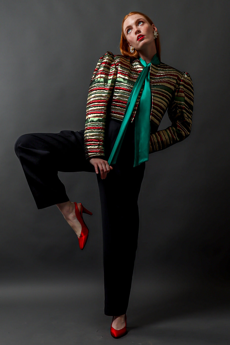 Emily O'Dette in Yves Saint Laurent Metallic Jacket & Wool Pant @ Recess LA