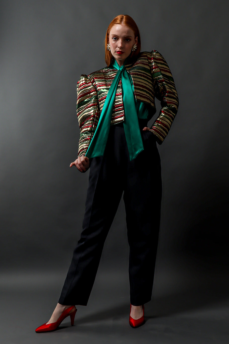 Emily O'Dette in Yves Saint Laurent Metallic Jacket & Wool Pant @ Recess LA