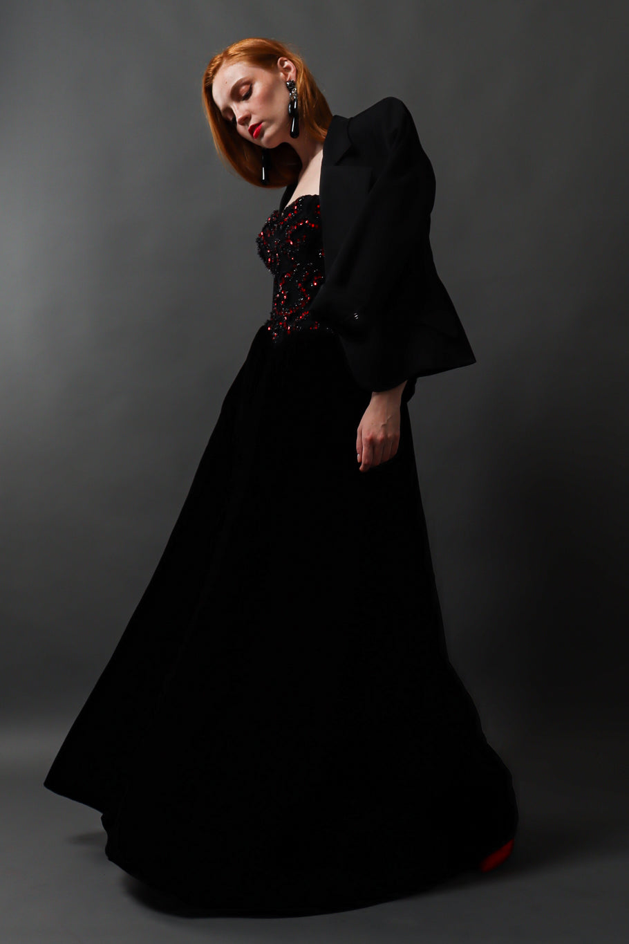 Emily O'Dette in Yves Saint Laurent Blazer & Beaded Velvet Gown @ Recess LA