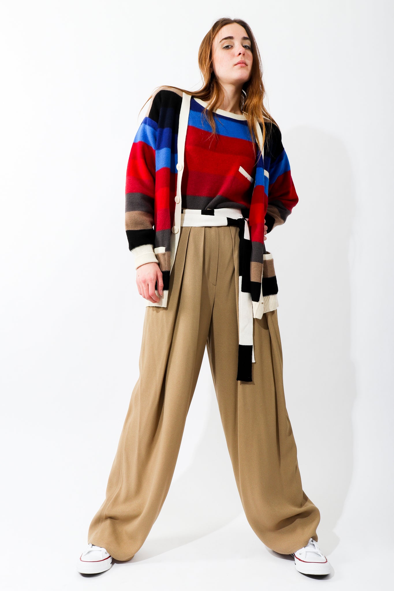 Recess Vintage Sonia Rykiel Rainbow Girl in colorful stripe sweaters and khaki trousers