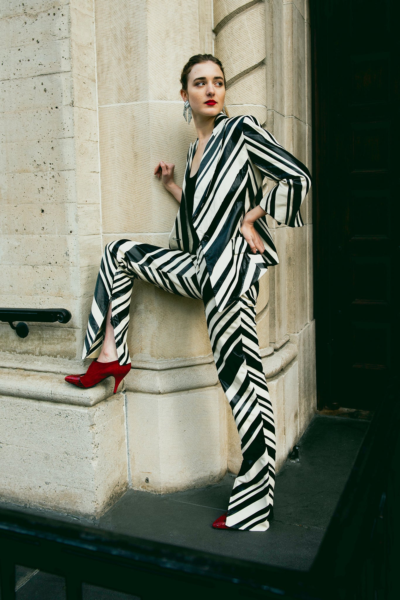 Recess Vintage Girl in Gianfranco Ferre Zebra Stripe Leather Suit with red shoes