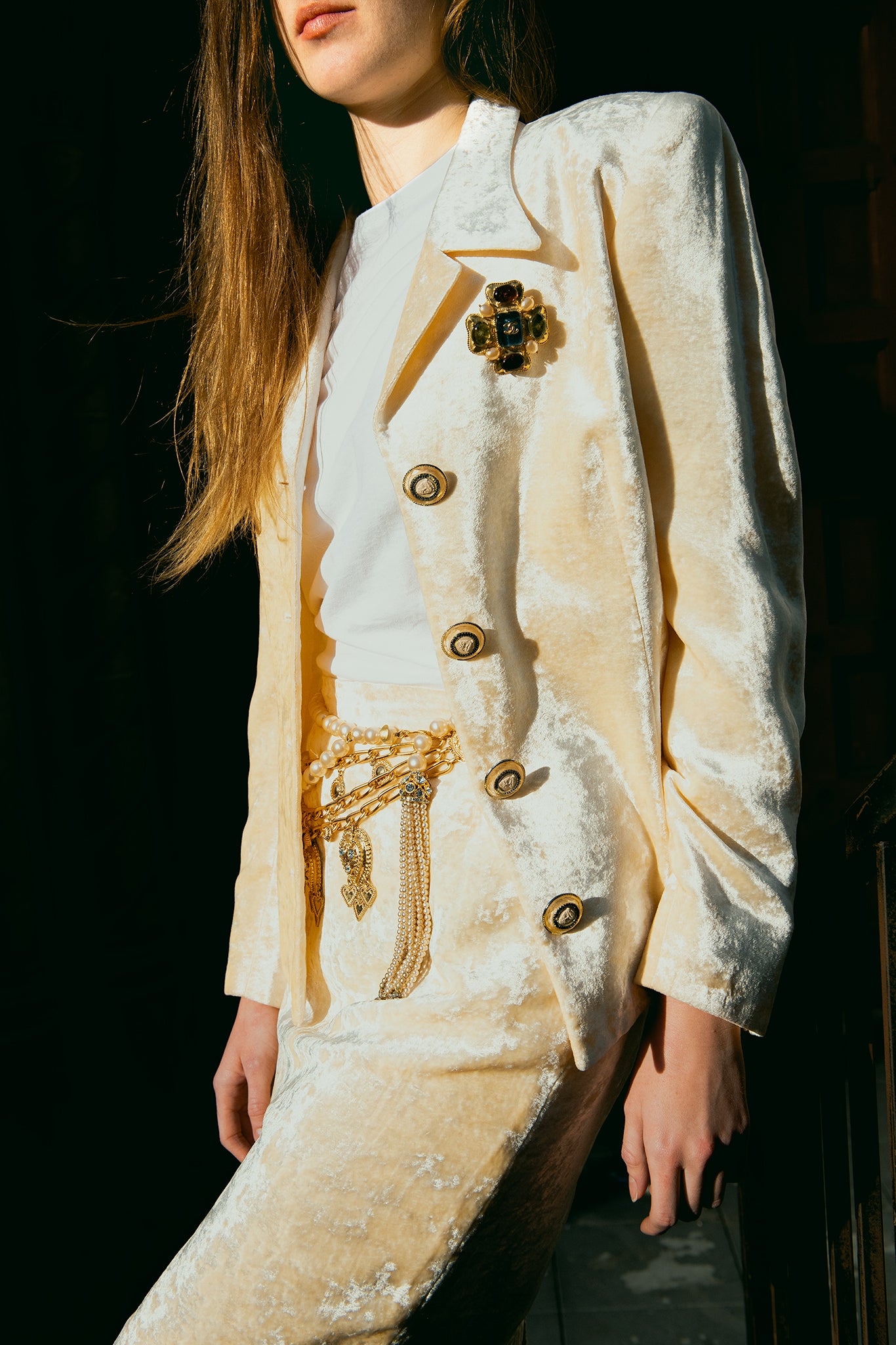 Recess Vintage Girl in Cream Versace crushed velvet skirt suit with chanel jewelry
