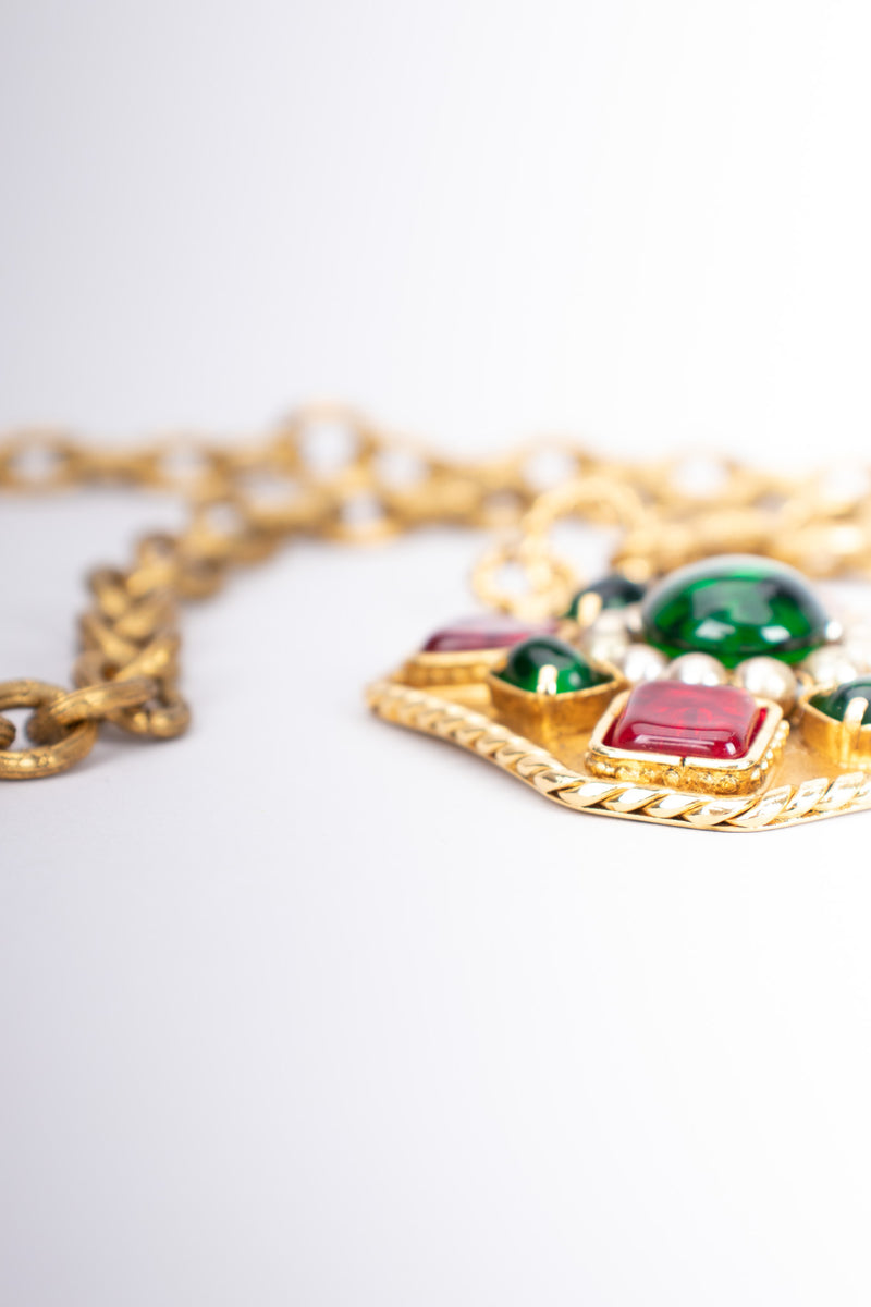 Chanel Gripoix Ruby Emerald Cabochon Medallion Pendant Necklace – Recess