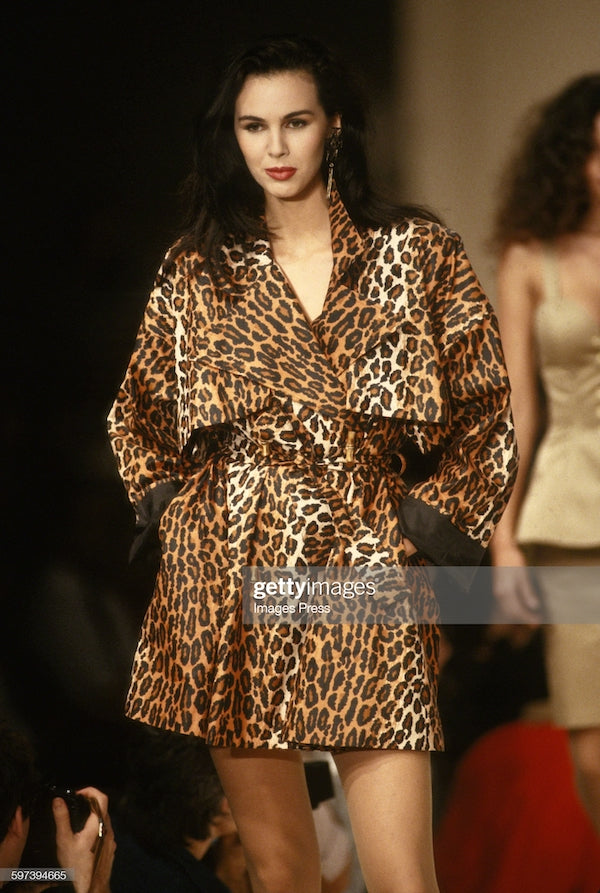 Vintage Patrick Kelly SS 1989 Runway Leopard Trench Coat on Model at Recess Los Angeles