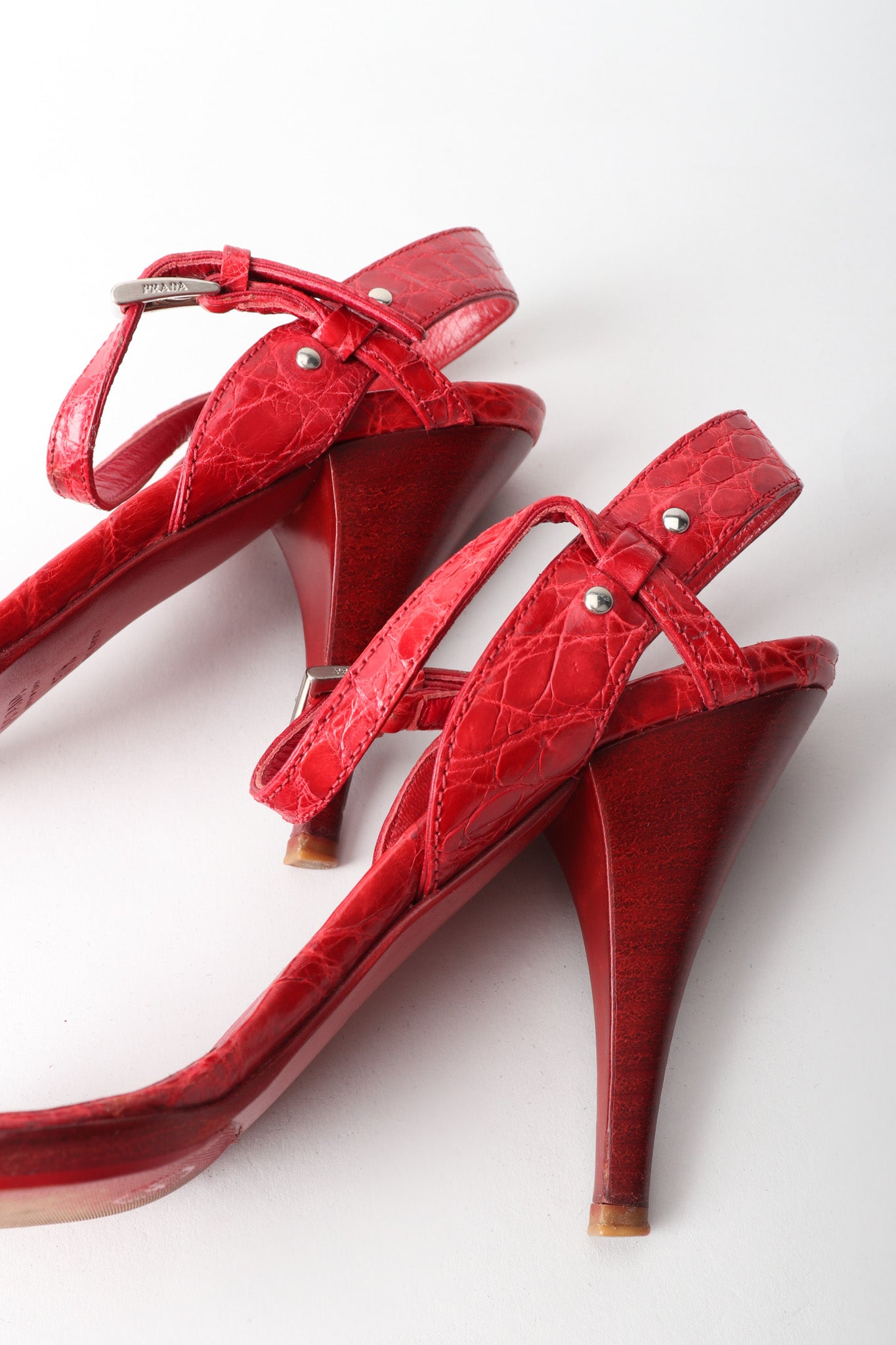 Prada Red Ankle Strap Crocodile Leather Heels – Recess
