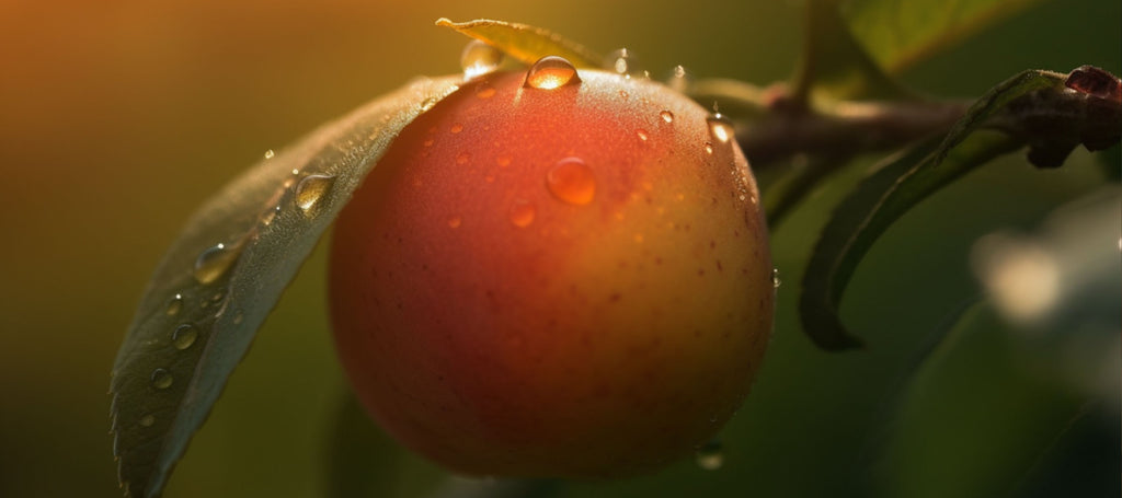 Een close-upaanzicht van een enkele nectarine met dauwdruppels op het oppervlak en een kleine lieveheersbeestje die aan de ene kant kruipt, tegen een wazige achtergrond van andere nectarines op de tak, allemaal in verschillende stadia van rijpheid. 