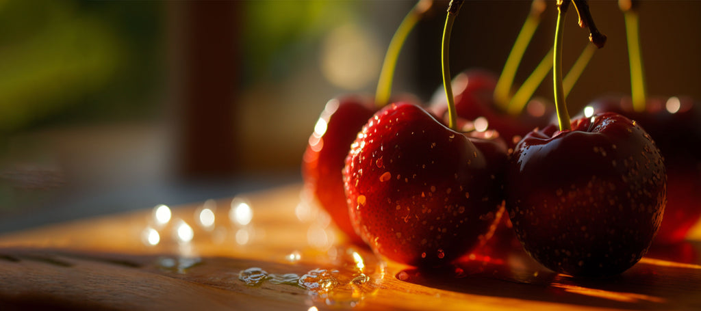 Kirsebær, et nærbillede af en håndfuld kirsebær på et træskærebord