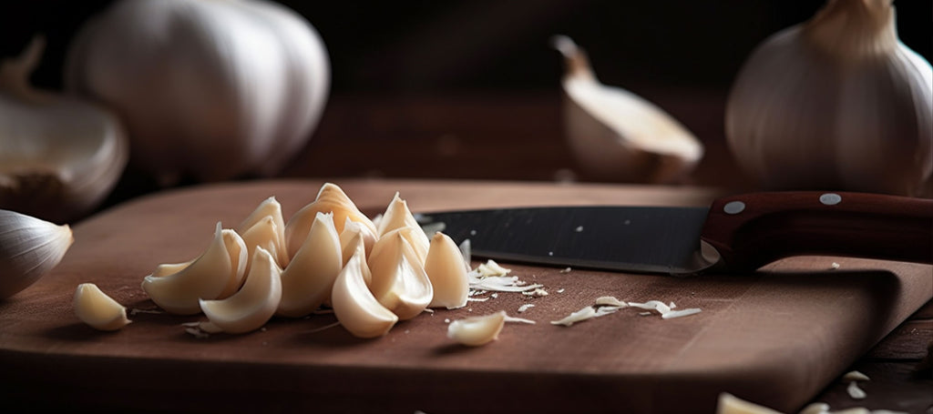 Garlic cloves being chopped long