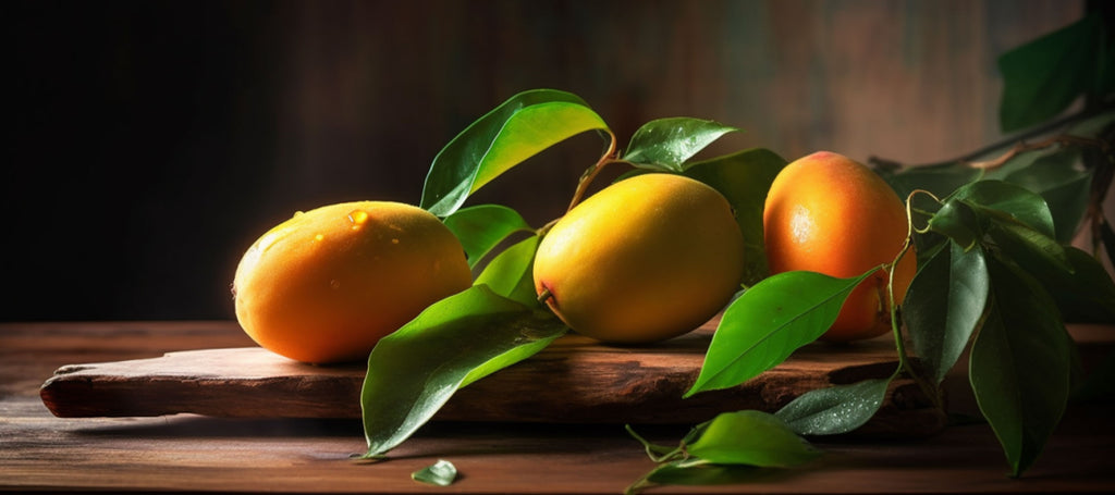 Mangoes, a close-up view of their juicy, golden fruit dripping with sweet nectar, with leaves and stems still attached to the fruit. 