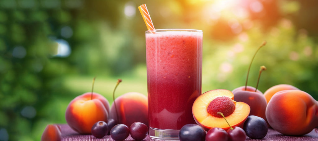 Персики, сливы и вишня смузи и сок, крупным планом высокого стакана, наполненного ярко-красной вишневой смузи