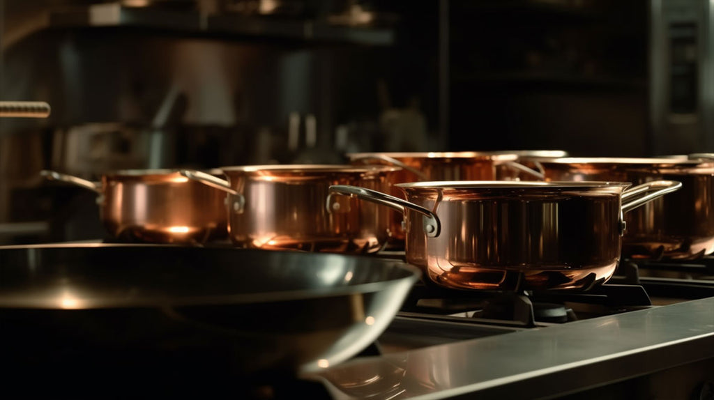 Professional kitchen with steel pans long