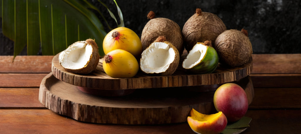 as a tropical still life, with coconuts, mangoes, and dates arranged on a vibrant, colorful plate