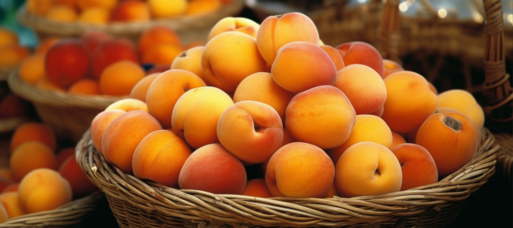  cluster of ripe apricots in a woven basket, glistening with dew drops.