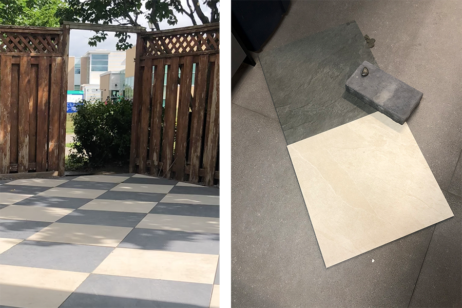 Euro Tile tile samples for outdoor patio dining area.