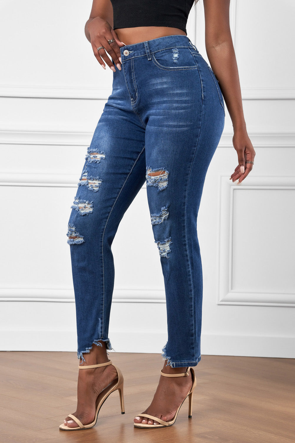 High-Rise Distressed Hem Detail Jeans - BellaKat & Co.