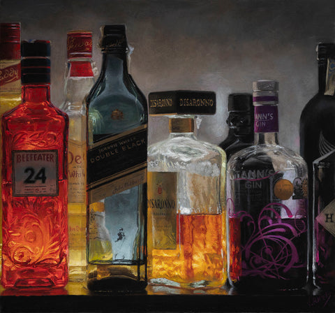 Still life painting of bottles by Vicente Romero 