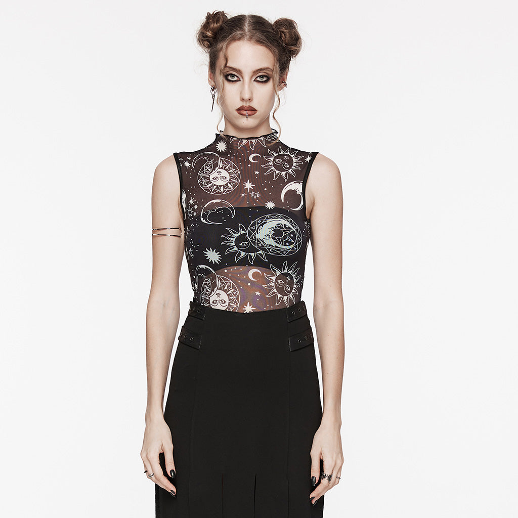 Punk Rave Aurora Moons and Stars Sleeveless Mesh Top