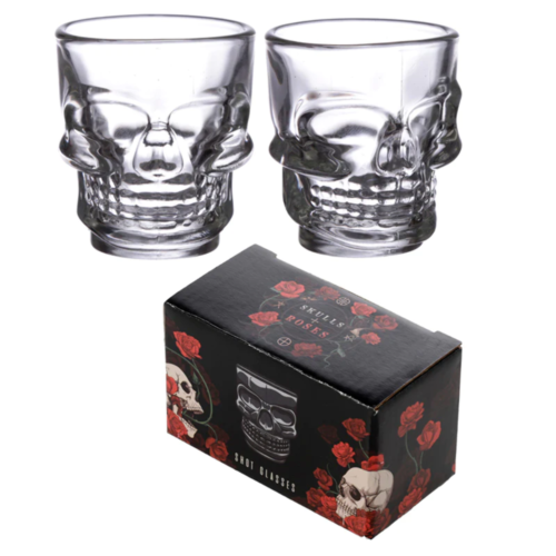 Gothic Gifts Set of 2 Skulls & Roses Skull Shot Glasses