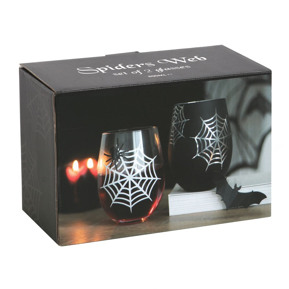 Gothic Gifts Set of 2 Spider and Web Stemless Wine Glasses