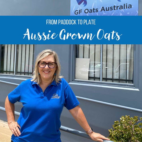 Kylie smiling. Caption "From Paddock to Plate: Aussie Owned Oats"