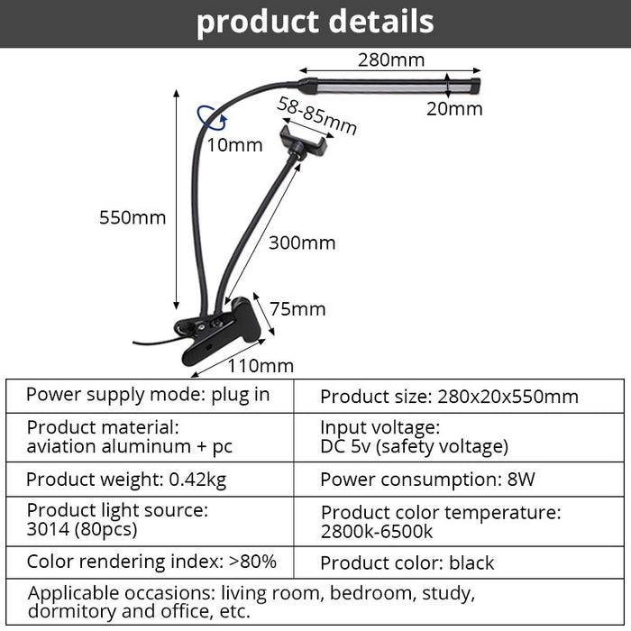 2 in 1 Long Arm Phone Holder With Dimmable LED