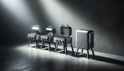 DALL·E 2023-10-31 15.44.31 - Photo showcasing several portable cordless barbecues under subtle lighting, casting contrasting shadows on a sleek gray metallic backdrop. The design .png__PID:8d3e10b6-0c53-427e-867f-5f8e392297ad