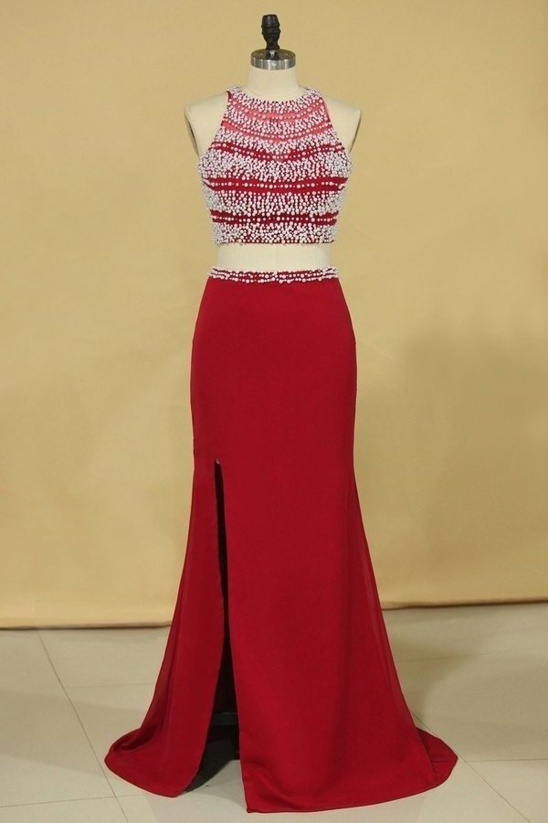 2022 Red Two Pieces Column Scoop Prom Dresses Burgundy Chiffon & Tulle With Beads PGY69K99