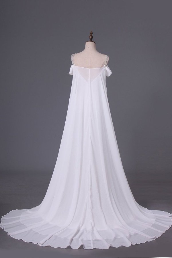 2022 A Line Straps With Beads And Ruffles Wedding Dresses Chiffon Court Train P2LL89SX