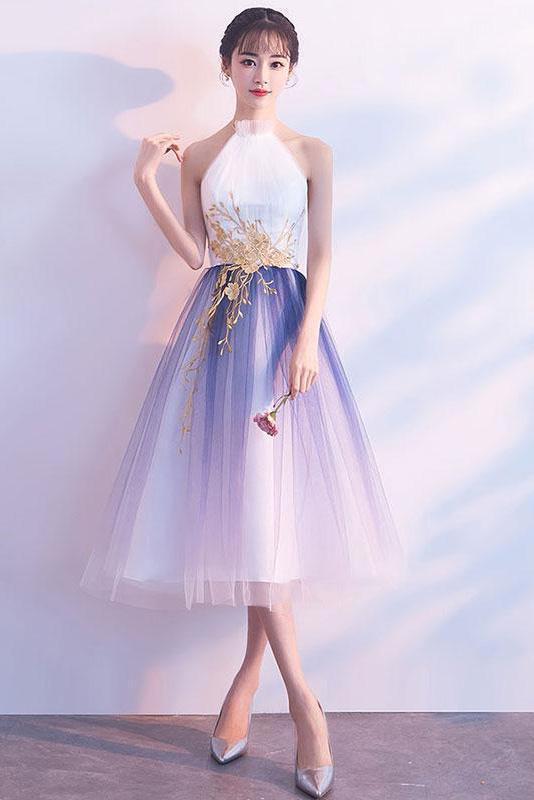 Buy Simple Tulle White and Blue Ankle Length Halter Backless Sleeveless