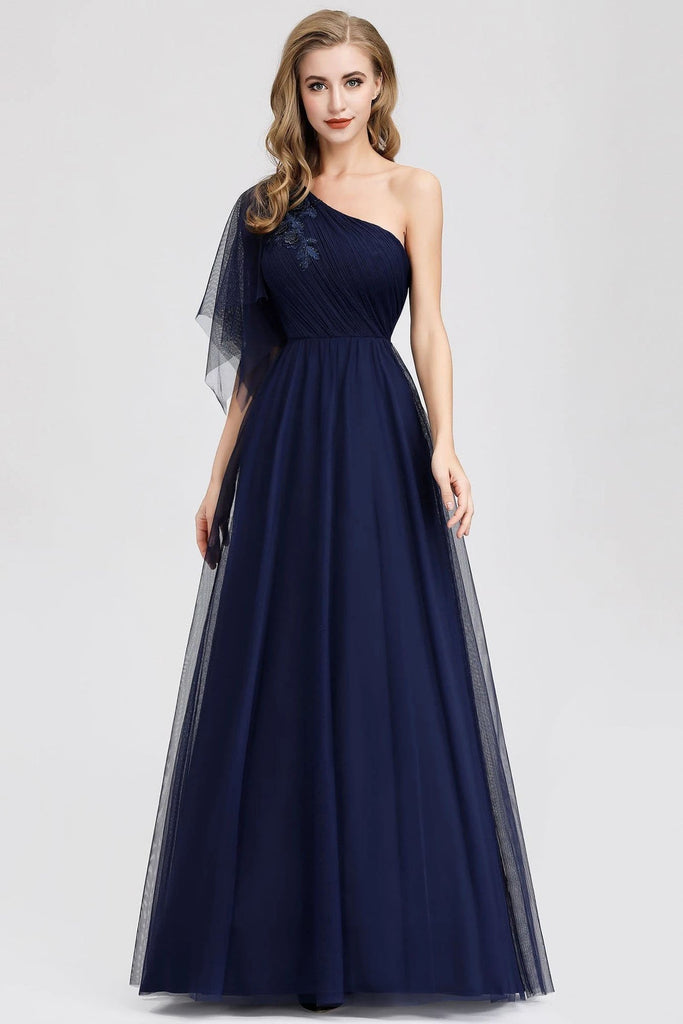 Buy Simple A Line One Shoulder Navy Blue Tulle Prom Dresses Cheap ...