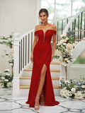 Sheath/Column Stretch Crepe Ruched Off-the-Shoulder Sleeveless Sweep/Brush Train Bridesmaid Dresses TPP0004926