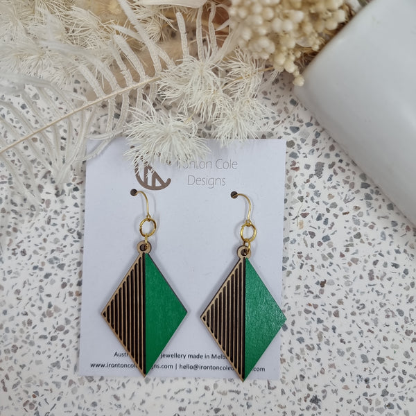 Wooden green diamond earrings